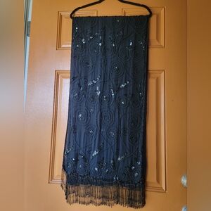 Beautiful Ornate Black Sequined And Beaded Sheer Shawl